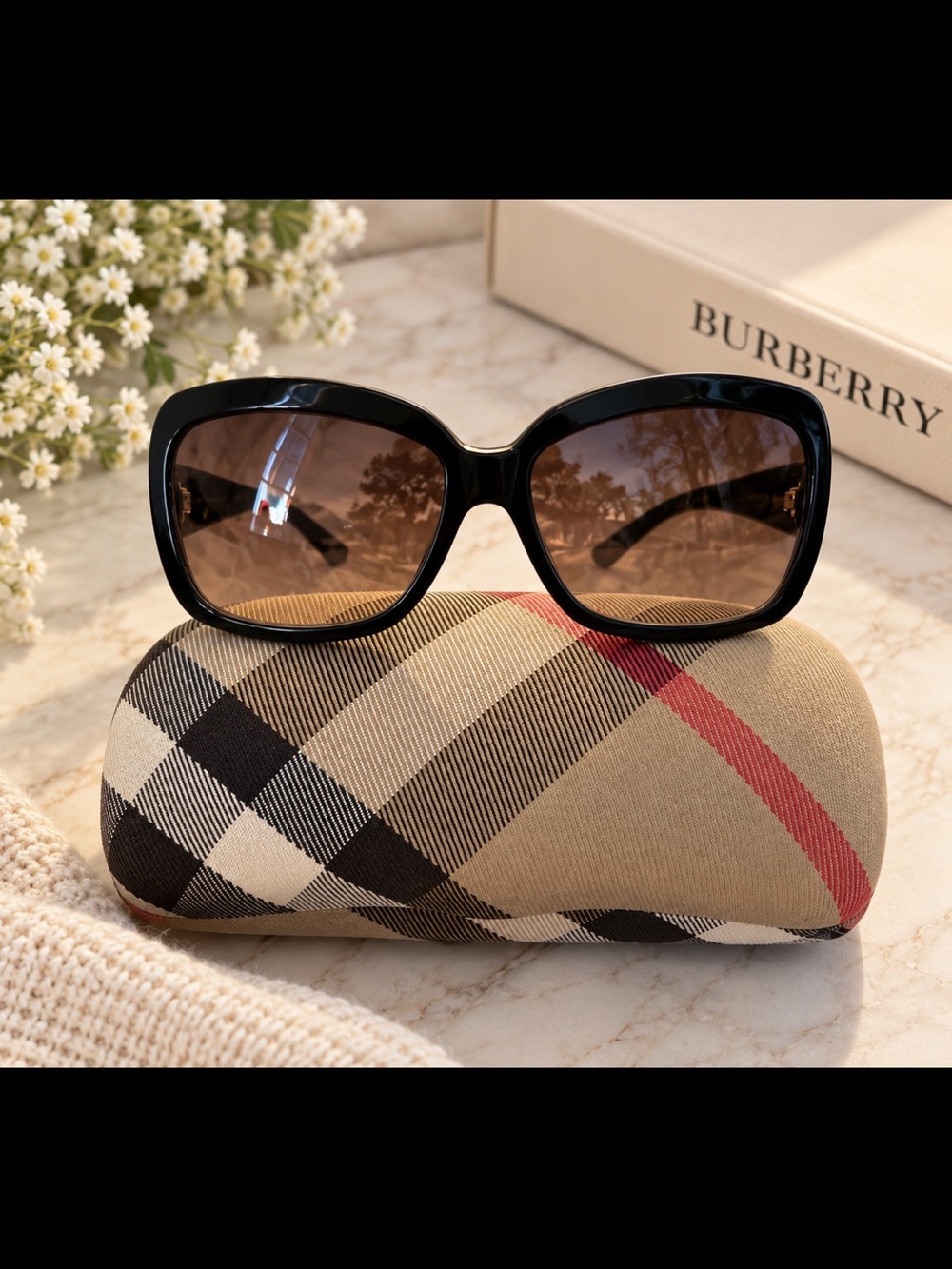 Burberry Vintage Black Oversized Women's Sunglasses with Plaid Case